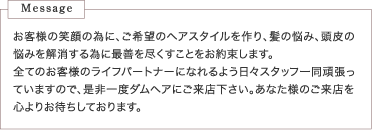 お客様の笑顔の為に、ご希望のヘアスタイルを作り、髪の悩み、頭皮の悩みを解消する為に最善を尽くすことをお約束します。全てのお客様のライフパートナーになれるよう日々スタッフ一同頑張っていますので、是非一度ダムヘアにご来店下さい。あなた様のご来店を心よりお待ちしております。